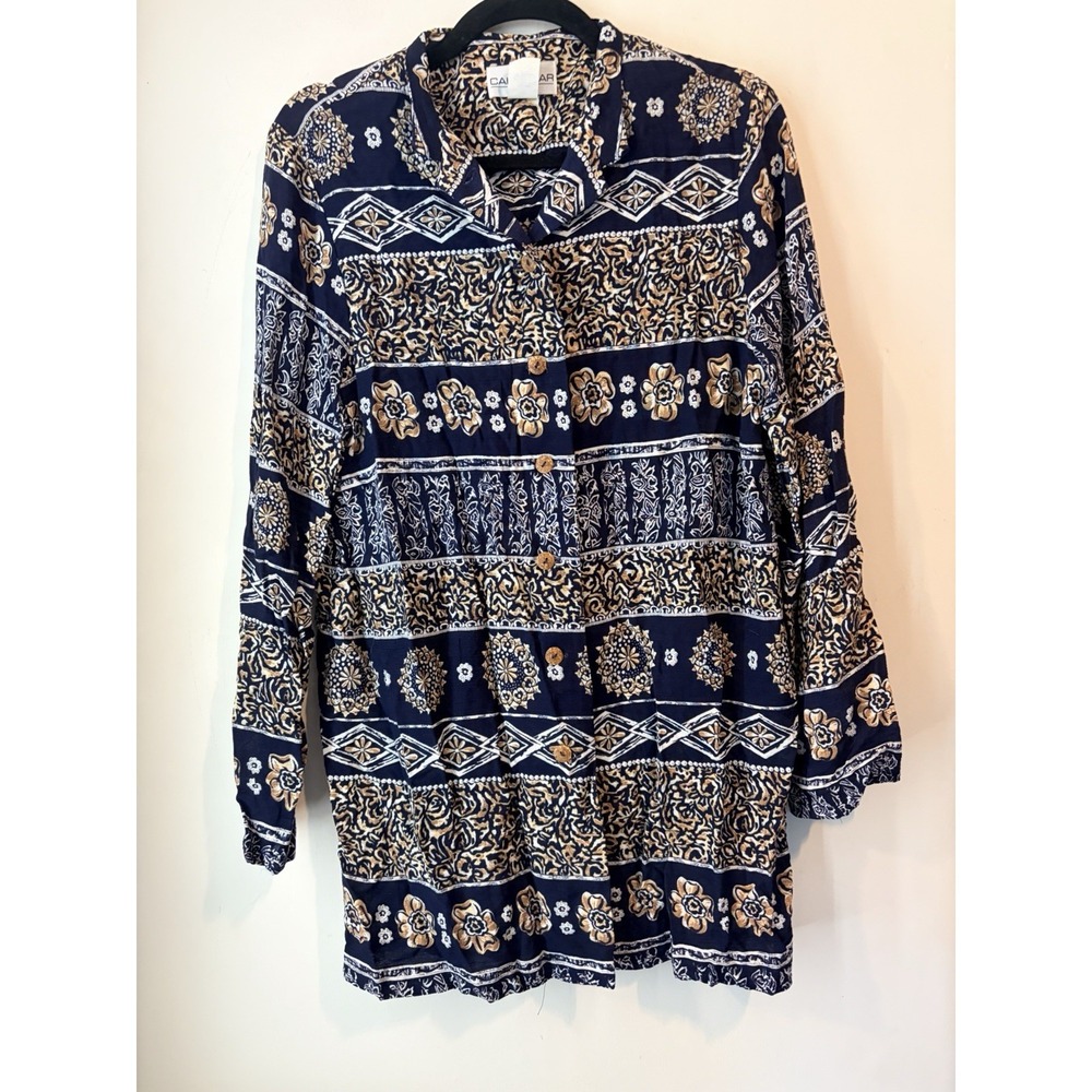 Vintage Calendar Womens Size 10 Rayon‎ Tunic Top Navy Beige Floral Button Front